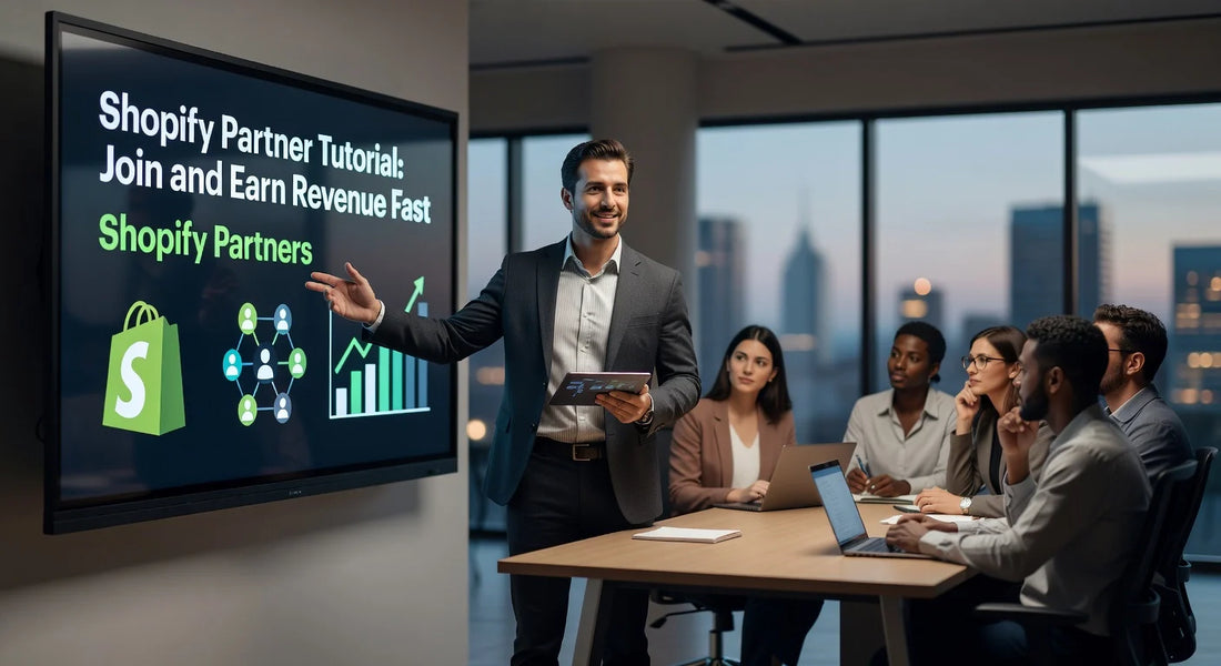 Professional header image for educational tutorial: Shopify Partner Tutorial: Join and Earn Revenue Fast