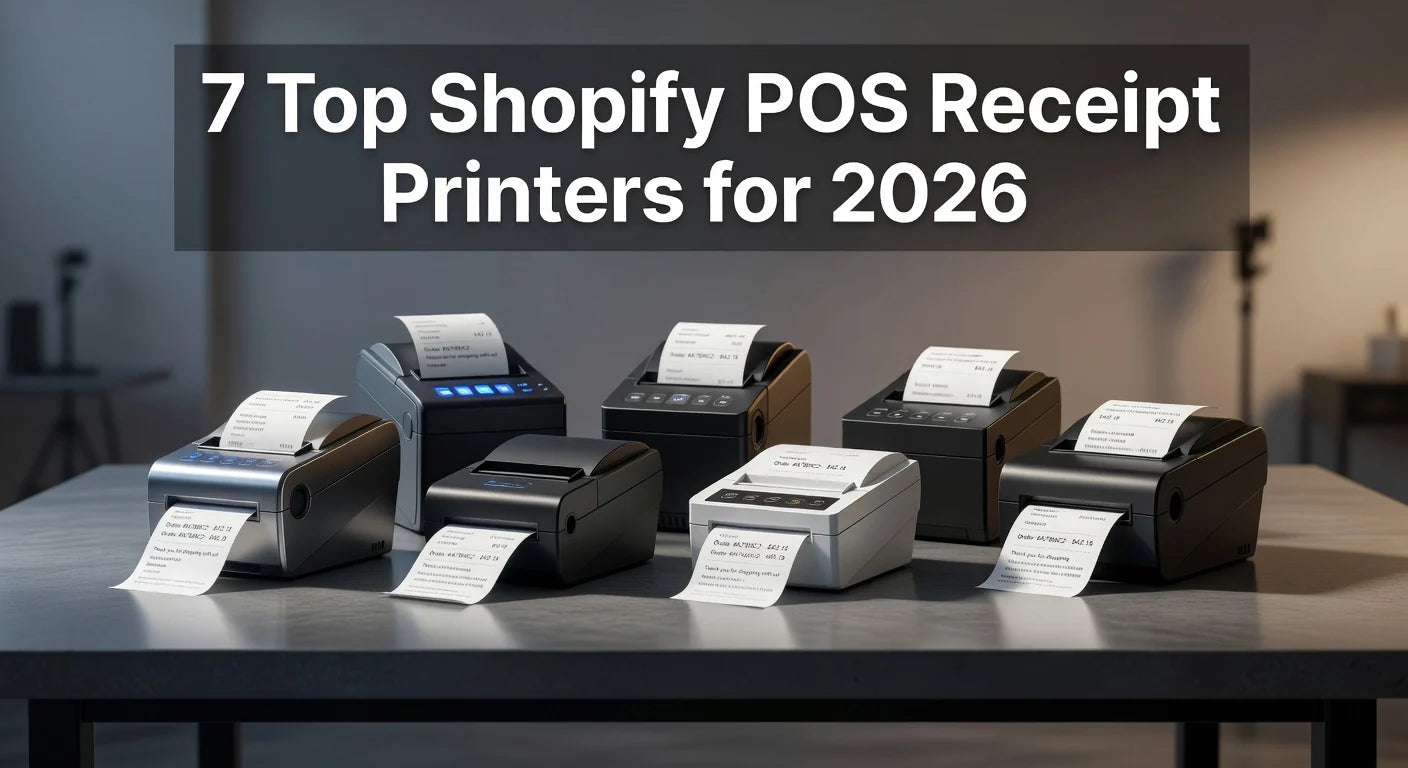 Professional header image for list-based article: 7 Top Shopify POS Receipt Printers for 2026